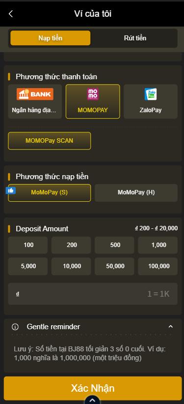 Nạp tiền bằng ví điện tử MOMO mới nhất từ nhà cái này